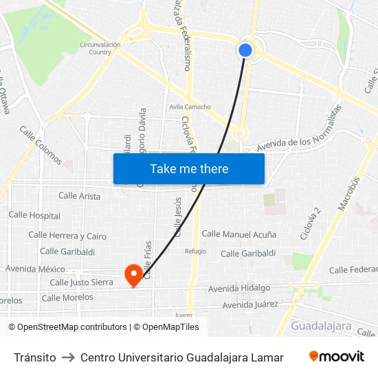 Tránsito to Centro Universitario Guadalajara Lamar map
