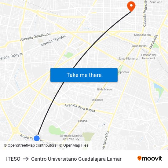 ITESO to Centro Universitario Guadalajara Lamar map