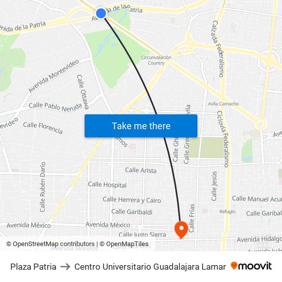 Plaza Patria to Centro Universitario Guadalajara Lamar map