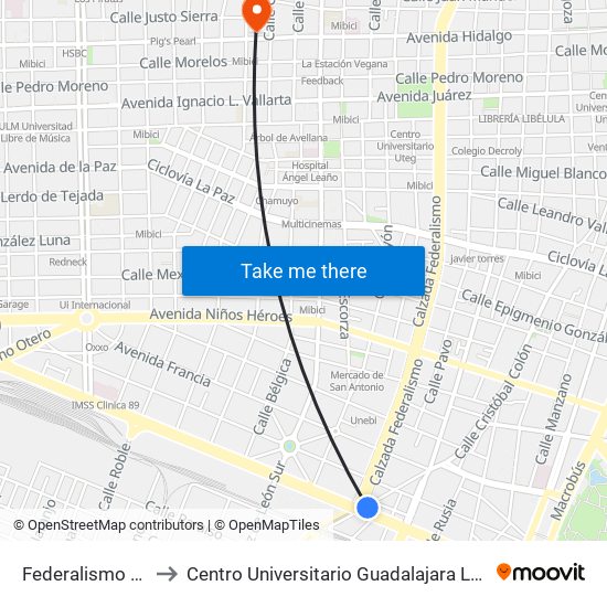 Federalismo Sur to Centro Universitario Guadalajara Lamar map