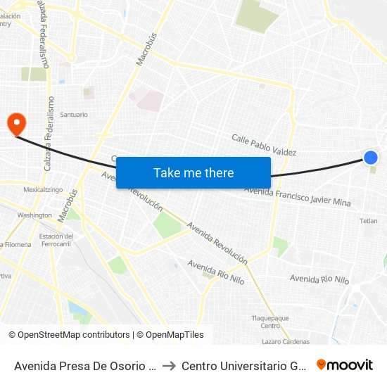 Avenida Presa De Osorio X Presa Del Laurel to Centro Universitario Guadalajara Lamar map