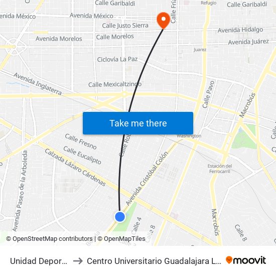 Unidad Deportiva to Centro Universitario Guadalajara Lamar map