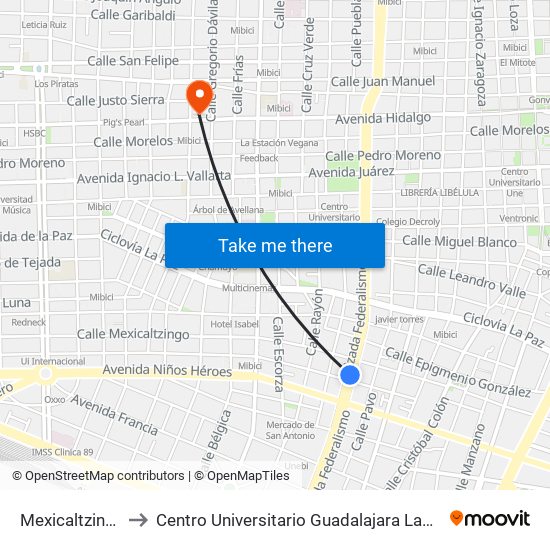 Mexicaltzingo to Centro Universitario Guadalajara Lamar map