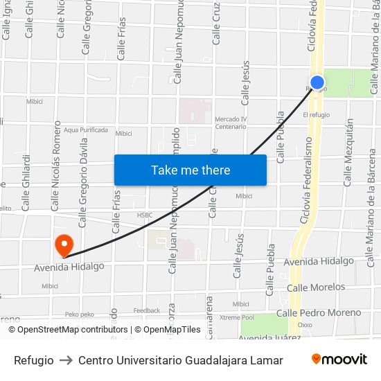 Refugio to Centro Universitario Guadalajara Lamar map