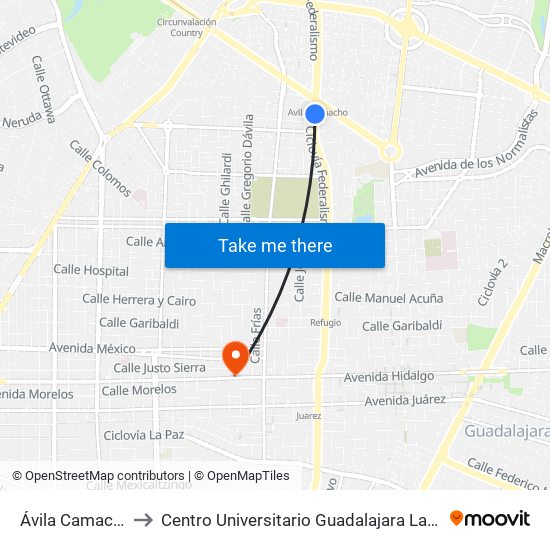 Ávila Camacho to Centro Universitario Guadalajara Lamar map