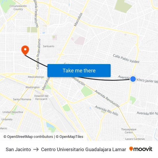 San Jacinto to Centro Universitario Guadalajara Lamar map