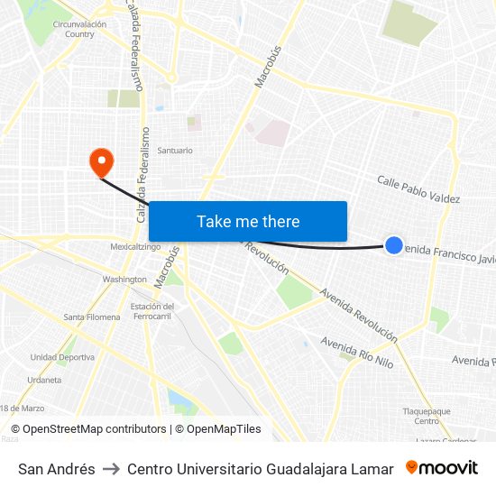 San Andrés to Centro Universitario Guadalajara Lamar map