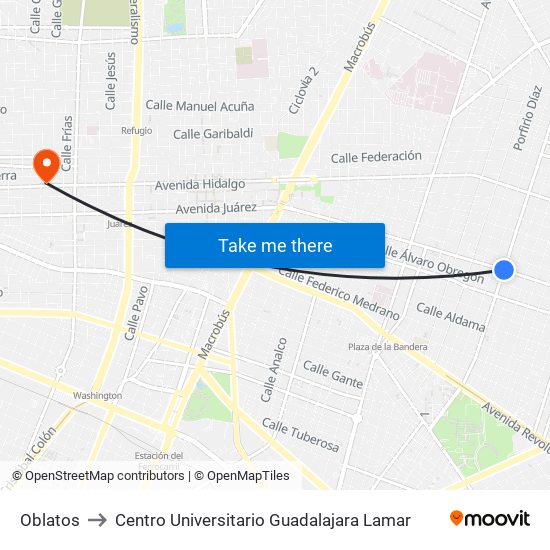 Oblatos to Centro Universitario Guadalajara Lamar map