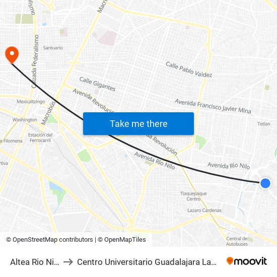 Altea Rio Nilo to Centro Universitario Guadalajara Lamar map