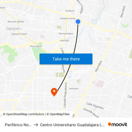 Periférico Norte to Centro Universitario Guadalajara Lamar map