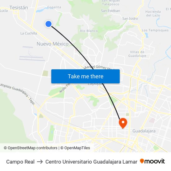 Campo Real to Centro Universitario Guadalajara Lamar map