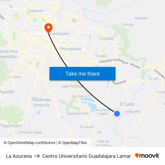 La Azucena to Centro Universitario Guadalajara Lamar map