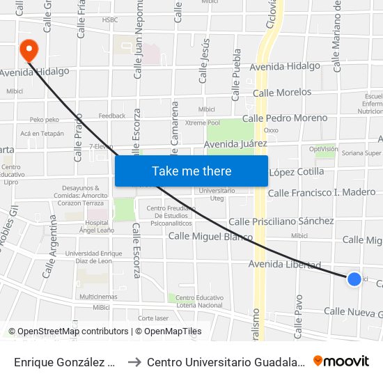 Enrique González Martínez to Centro Universitario Guadalajara Lamar map