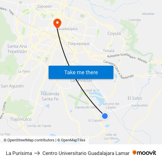 La Purísima to Centro Universitario Guadalajara Lamar map