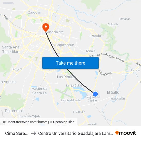Cima Serena to Centro Universitario Guadalajara Lamar map
