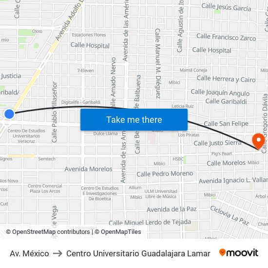 Av. México to Centro Universitario Guadalajara Lamar map