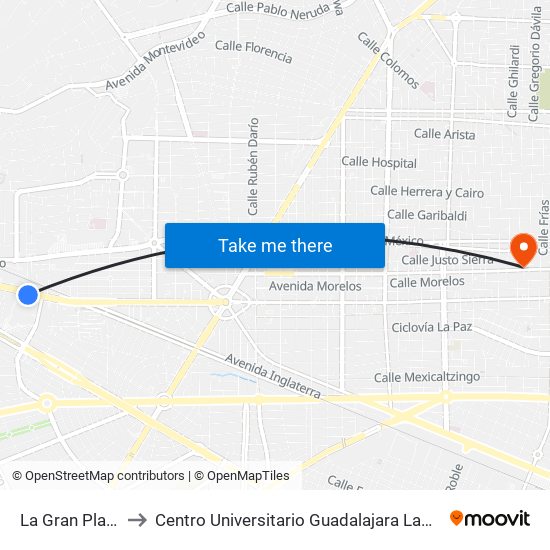 La Gran Plaza to Centro Universitario Guadalajara Lamar map