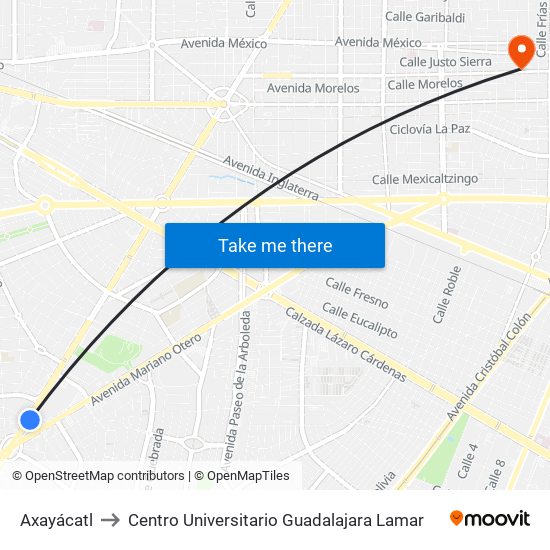 Axayácatl to Centro Universitario Guadalajara Lamar map