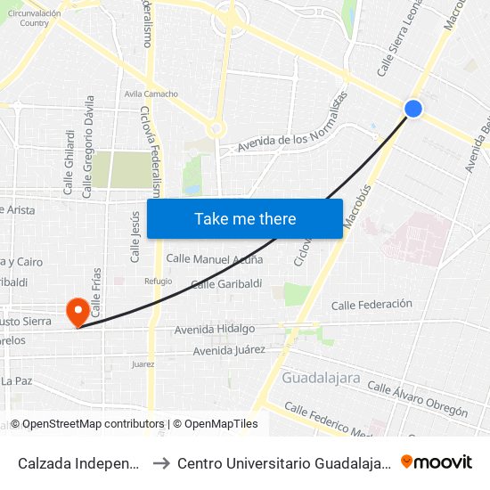 Calzada Independencia to Centro Universitario Guadalajara Lamar map