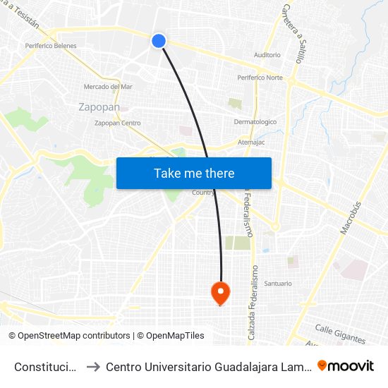 Constitución to Centro Universitario Guadalajara Lamar map