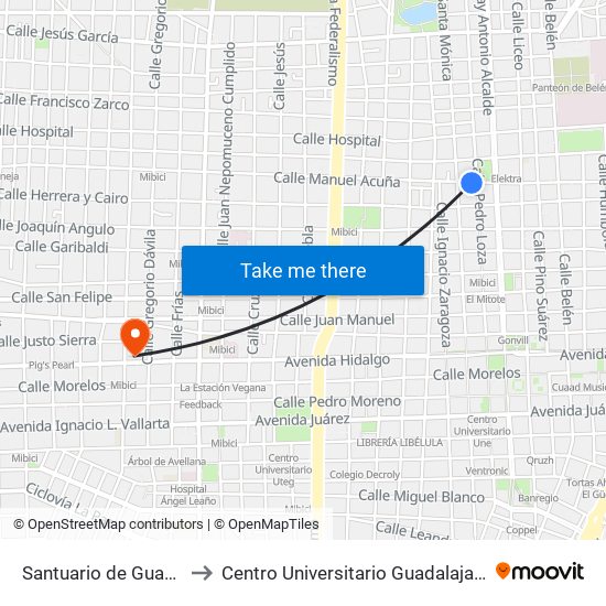 Santuario de Guadalupe to Centro Universitario Guadalajara Lamar map