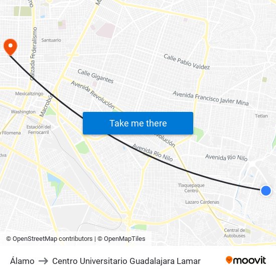 Álamo to Centro Universitario Guadalajara Lamar map