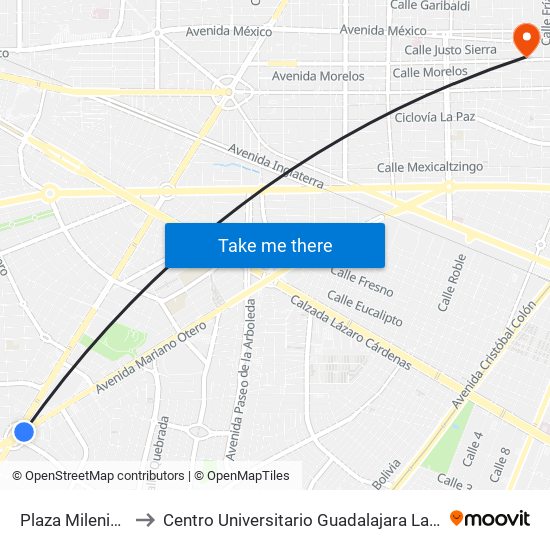 Plaza Milenium to Centro Universitario Guadalajara Lamar map