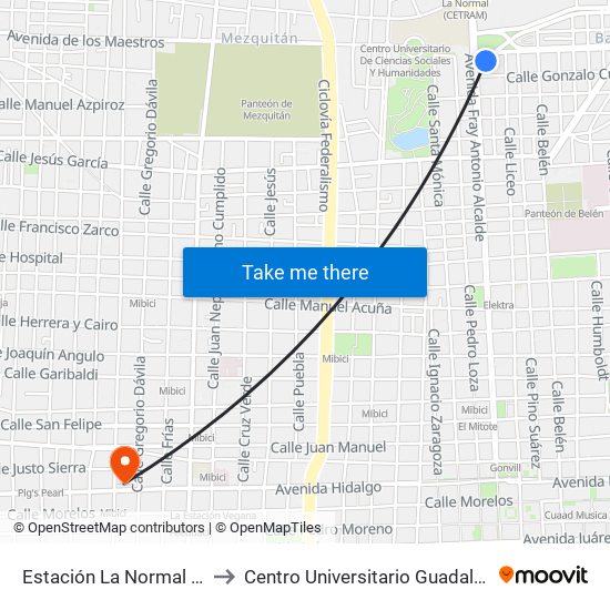 Estación La Normal (Cetram) to Centro Universitario Guadalajara Lamar map