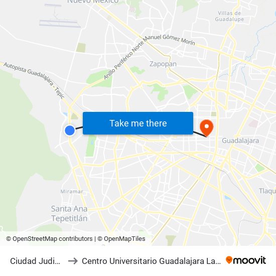 Ciudad Judicial to Centro Universitario Guadalajara Lamar map