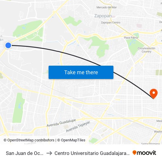 San Juan de Ocotán to Centro Universitario Guadalajara Lamar map