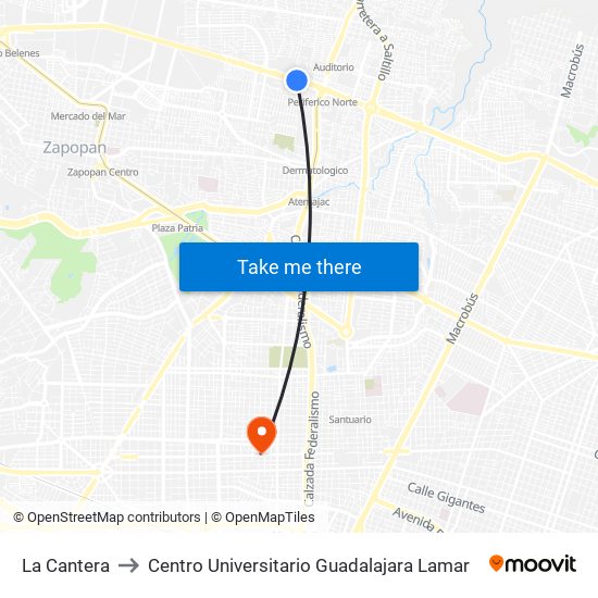 La Cantera to Centro Universitario Guadalajara Lamar map