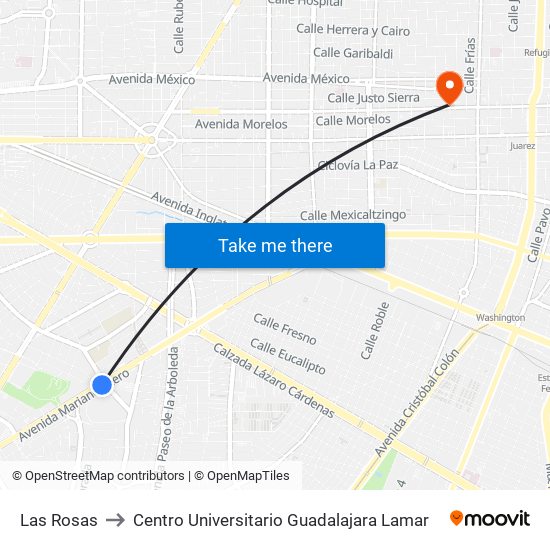 Las Rosas to Centro Universitario Guadalajara Lamar map