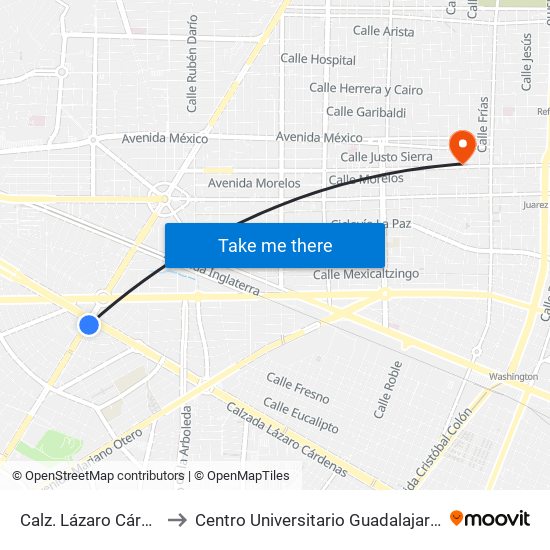 Calz. Lázaro Cárdenas to Centro Universitario Guadalajara Lamar map