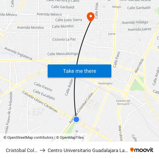 Cristóbal Colón to Centro Universitario Guadalajara Lamar map