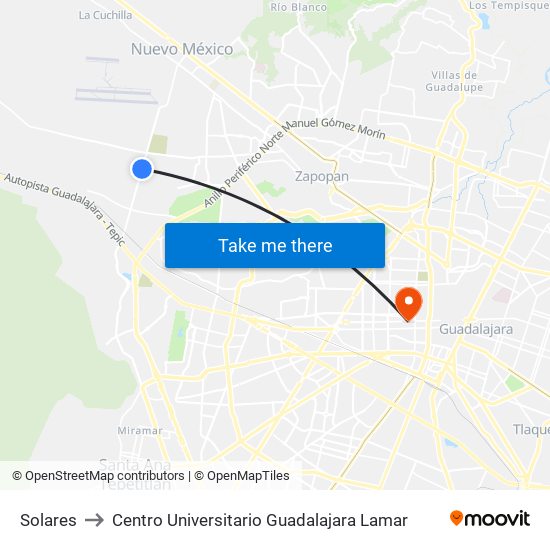 Solares to Centro Universitario Guadalajara Lamar map