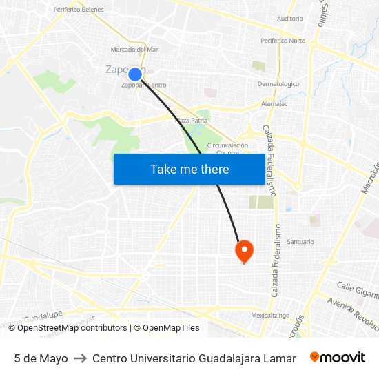 5 de Mayo to Centro Universitario Guadalajara Lamar map