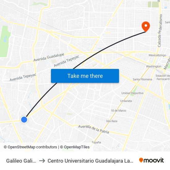 Galileo Galilei to Centro Universitario Guadalajara Lamar map