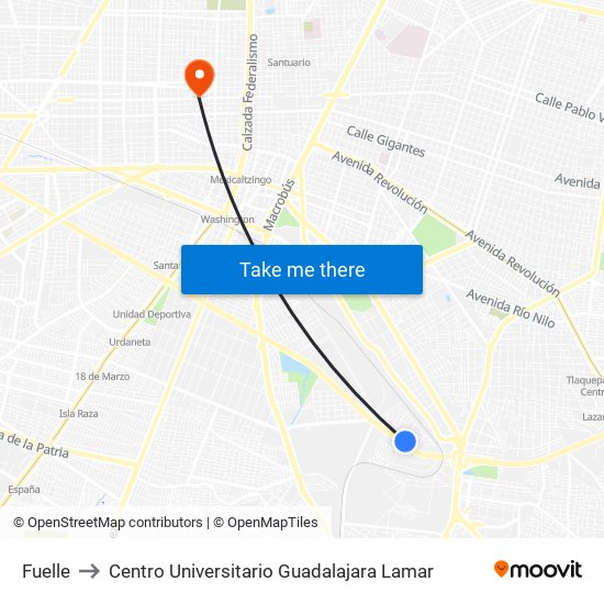 Fuelle to Centro Universitario Guadalajara Lamar map