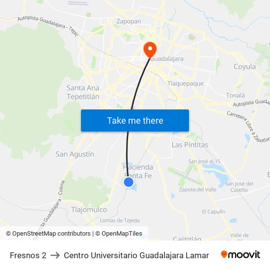 Fresnos 2 to Centro Universitario Guadalajara Lamar map