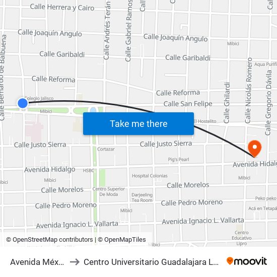 Avenida México to Centro Universitario Guadalajara Lamar map