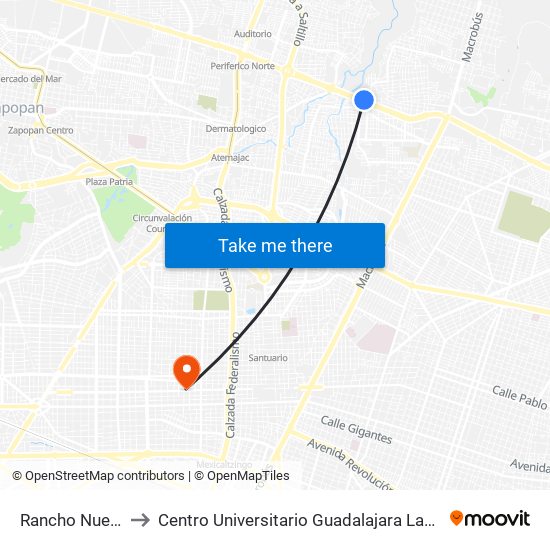 Rancho Nuevo to Centro Universitario Guadalajara Lamar map