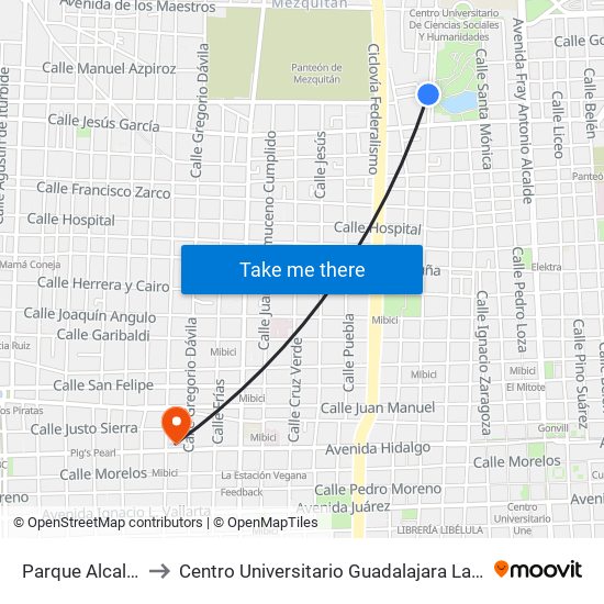 Parque Alcalde to Centro Universitario Guadalajara Lamar map