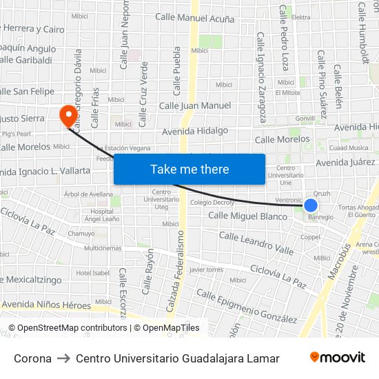 Corona to Centro Universitario Guadalajara Lamar map