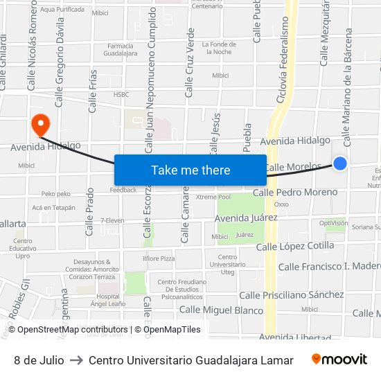 8 de Julio to Centro Universitario Guadalajara Lamar map