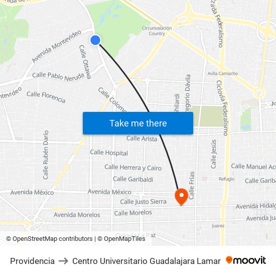 Providencia to Centro Universitario Guadalajara Lamar map