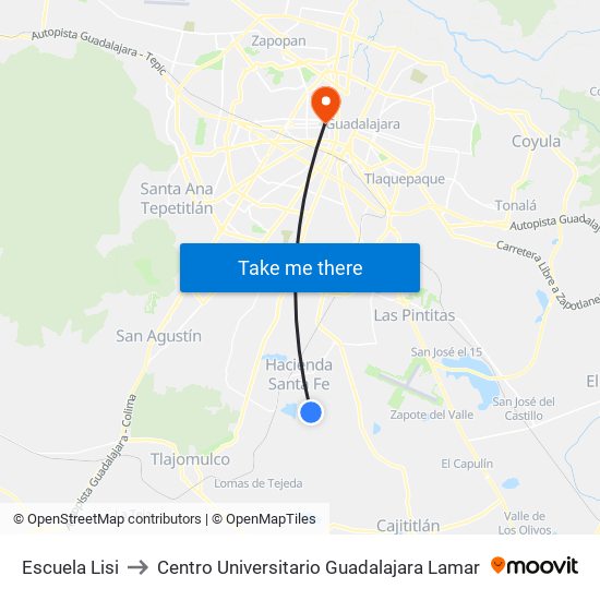 Escuela Lisi to Centro Universitario Guadalajara Lamar map