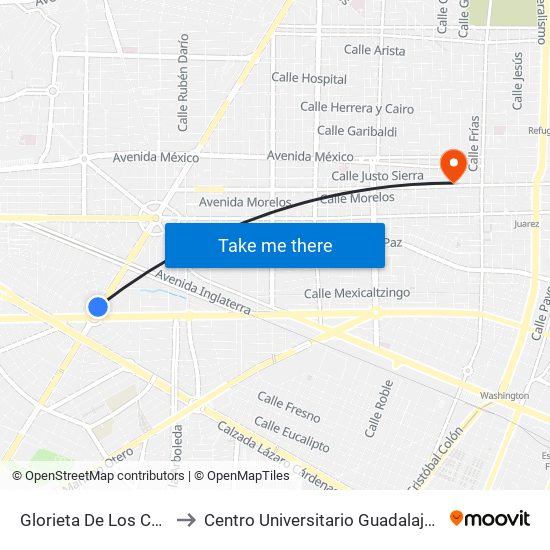 Glorieta de la Estampida to Centro Universitario Guadalajara Lamar map