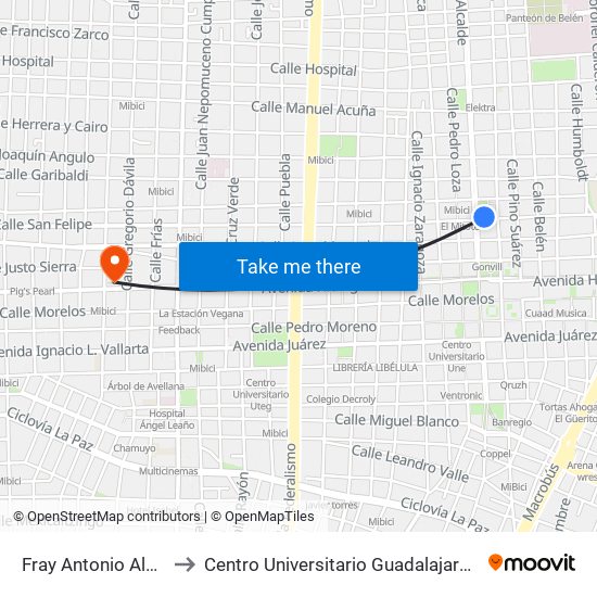 Fray Antonio Alcalde to Centro Universitario Guadalajara Lamar map