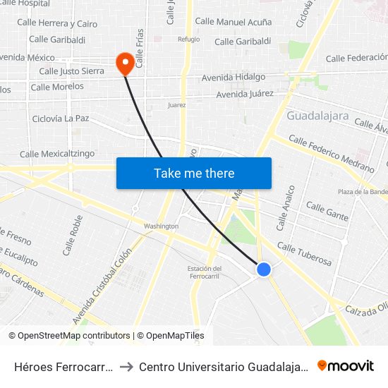 Héroes Ferrocarrileros to Centro Universitario Guadalajara Lamar map