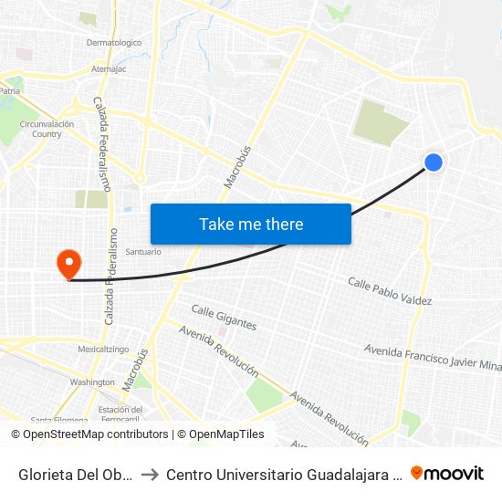 Glorieta Del Obrero to Centro Universitario Guadalajara Lamar map